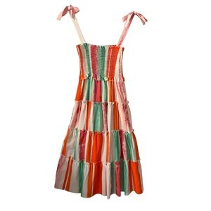 Joy Joy Womens‎ XS Striped Smocked Tiered Midi Dress Multicolored Coguette